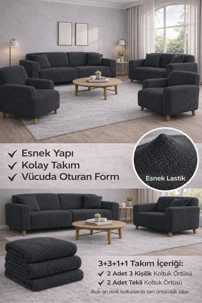 Faiend Bohem Desen Jakarlı 3 3 1 1 Lastikli Kanepe Örtüsü | Lastikli Koltuk Ö...