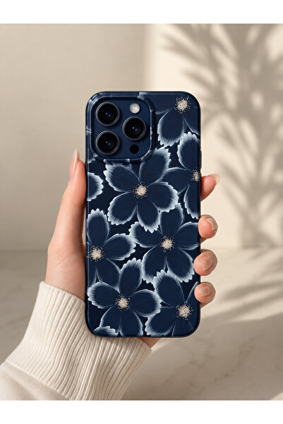 OVADA İphone 14 Pro Max Uyumlu Lacivert Çiçek Desenli Telefon Kılıfı
