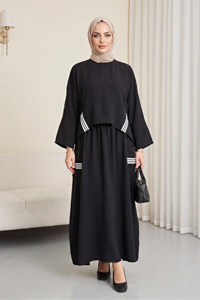 Modamorfo Striped Long Back Skirt with Pockets and Elastic Modal Cotton Set -...