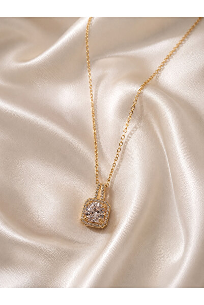 Sylvera Shop Valencia Square Stone Steel Necklace (Gold Color)