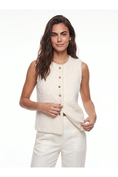 ONLOOX Cream Soft Textured Bearded Polyester Fabric Button Detailed Lined Vest