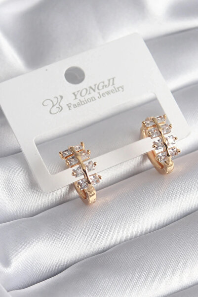 USLUCAN ALIŞVERİŞ Brass Gold Color Zircon Stone Women's Earrings