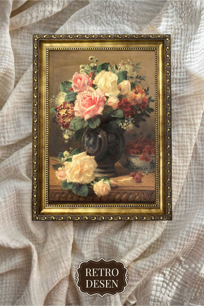 Retro Vintage Çerçeveli Çiçek Tablosu, Dekoratif Tablo, Sanatsal Baskı, Duvar...