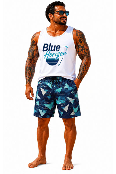 Starbattal Men's Large Size Swim Shorts Printed 26619 Light Navy Blue