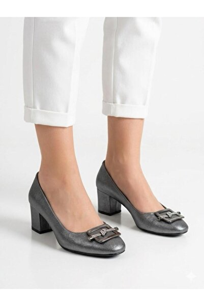 Lütfi Women's Silver Thick Heel Comfortable Fit Heeled Shoes