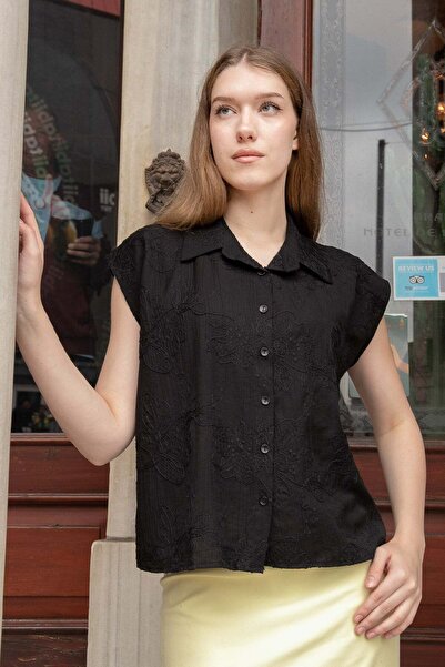 Jument Women's Embroidered Collared Off-Shoulder Loose Shirt-Black