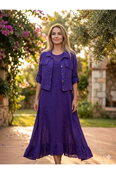 Punta Otantik Nc25033 Italian Lace Detailed Strappy Linen Dress Jacket Set Pu...