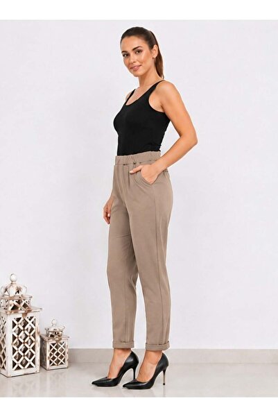 kısmet sepeti Women's Stretchy Crepe Fabric Double Leg Elastic Waist Mink Tro...
