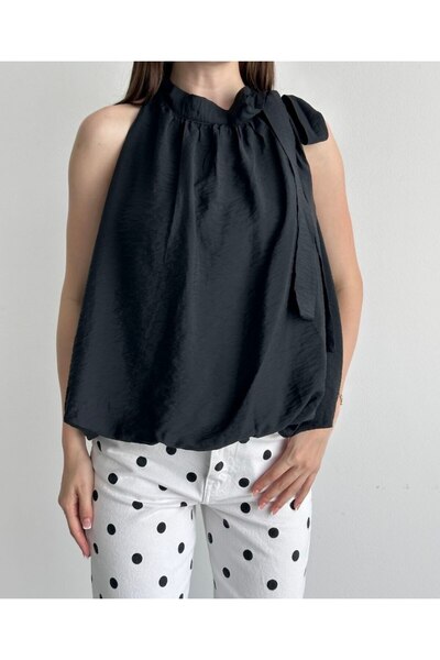 Lovely butik Women's Halter Neck Halter Tie Satin Textured Crinkle Blouse
