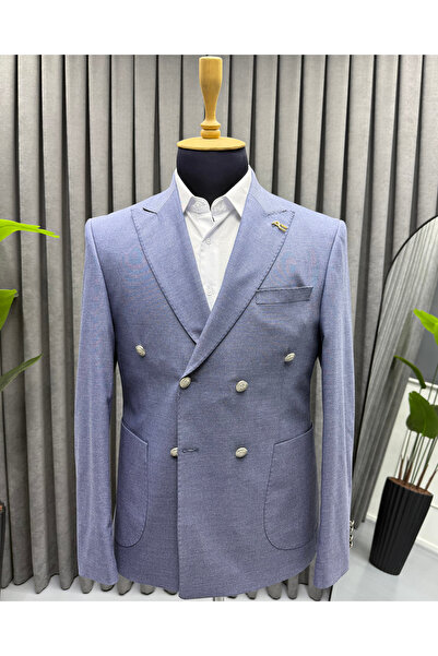 Avni Ceylan Ice Blue Slim Fit Double Breasted Suit Jacket