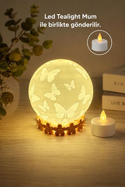 RELİEVO Kelebek Dekoratif LED Gece Lambası Tealight Mum Hediyeli Mumluk Şamdan