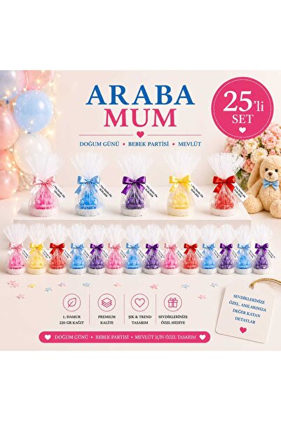 Kişiye Özel Doğum Günü, Bebek Partisi ve Mevlüt İçin Araba Mum (25 Adet)