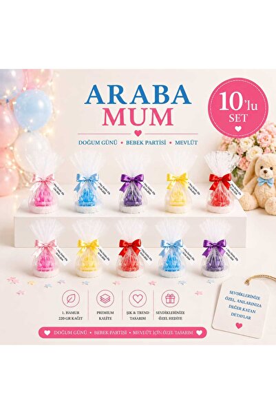 Kişiye Özel Doğum Günü, Bebek Partisi ve Mevlüt İçin Araba Mum (10 Adet)