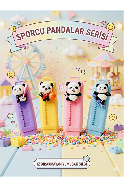 ÖZ OFİS Sporcu Pandalar Serisi Sevimli Pastel Renk Sürgülü Silgi - Yumuşak & ...