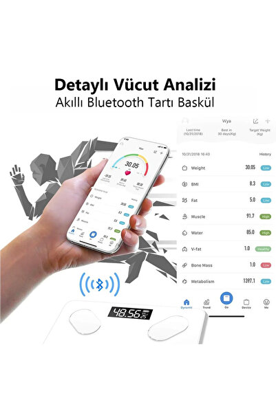 Rabelix Online Marketing Akıllı Digital Bluetooth Baskül 180 Kg Vücut Analizli Dijital Tartı Yağ Kas Su BMI Ölçer Terazi