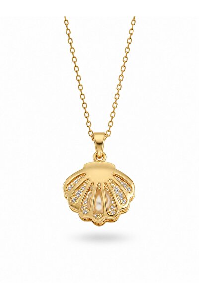 serelya 316L Steel Chain Gold Color Zircon Stone Pearl Detail Oyster Necklace