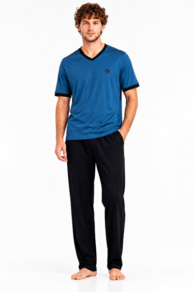 YUYİ Pijapi̇a 100% Cotton V-Neck Short Sleeve Men's Pajama Set