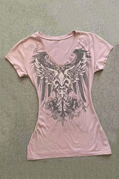 İsra Ayyıldız Moonstar Collection Gothic Style Angel Wings Baskılı Pembe Kısa...