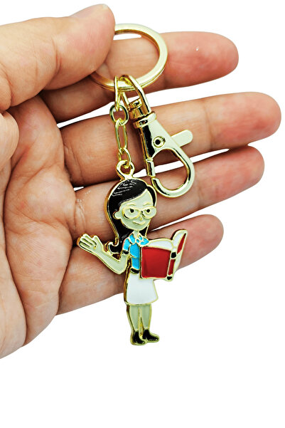 BB BİBUTİKSHOP Cute Teacher Reading a Book Figured Enamel Craftsmanship Bag and Key Accessory with Female Figure