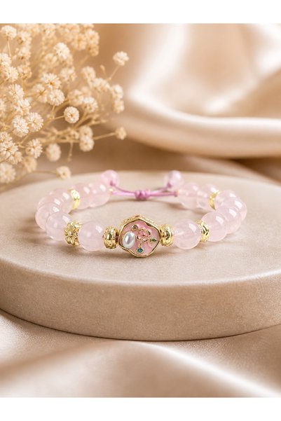 Zokak Pink Quartz Pearl Natural Stone Women's Bracelet with Gold Detail Adjustable Gift Bracelet