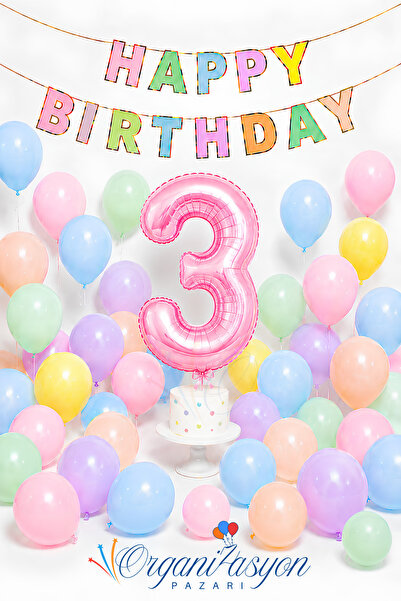 Organizasyon Pazarı 3 Year Old Birthday Concept Macaron Colors Pink Number Fo...