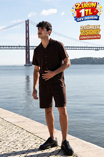 DAMGA JEANS Men's Relax Fit Shirt Basic Shorts Coffee Summer Linen Two-Piece Set