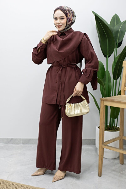 Tesettür Dünyası Shawl Detailed Waist Drawstring Double Set Tsd260229 Plum