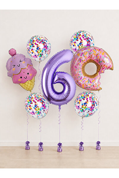 Balonsan Pink Purple Ice Cream Donut Themed -6- Number Balloon Set