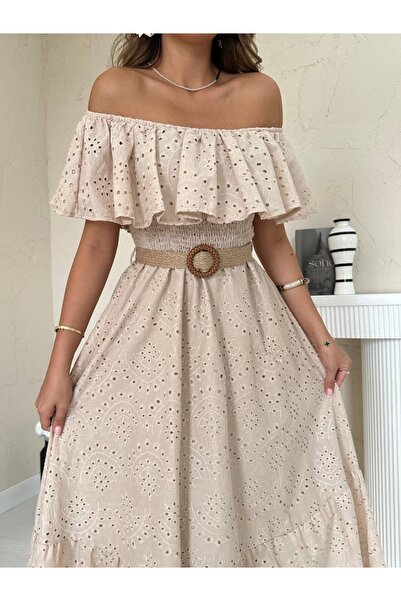 Ekim Store Rochie lungă cu guler tip Madonna, cu centură festonată și dantelă