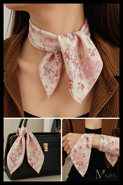MAZEN Powder Pink Floral 45X45 Summer Chiffon Scarf |   Women's Neck Hair Bag...