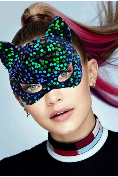 naque Blue Green Sequined Sequin Party Mask on Black Velvet Fabric 16x14 cm