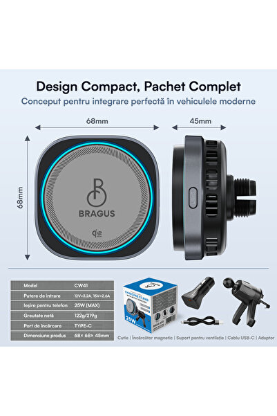 BRAGUS Încărcător magnetic wireless auto, Încărcare rapidă de 25W, Funcție de răcire integrată, Suport robust, Protocol QI2.2, Lumină ambientală, Adaptor de 45W inclus, Tehnologie MagSafe, Suport telefon