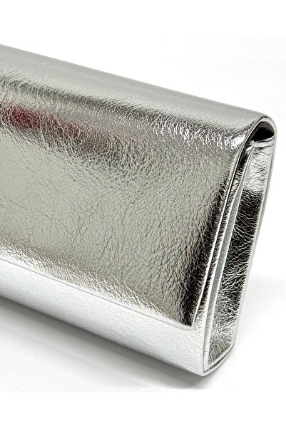 NAZART Kadın Kırışık Cilt Gümüş Abiye Clutch Zincir Askılı El ve Omuz Düğün Nişan Gece Çantası