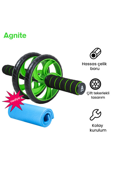 Agnite Çift Tekerlekli Karın Egzersiz Tekerleği Diz Pedli Fitness Yeşil