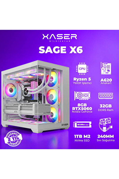 XASER Sage X6 Ryzen 5 7500F 32GB DDR5 Ram 1TB M.2 NVMe SSD 8GB RTX5060 Sıvı S...