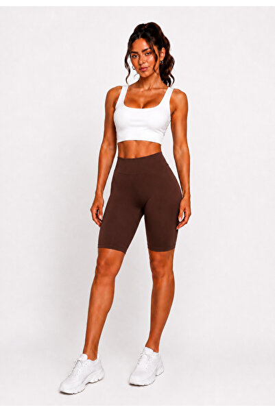 Livik Women's Diving Fabric Mid-Length Sports Shorts High Waist Firming Lycra Tights Brown