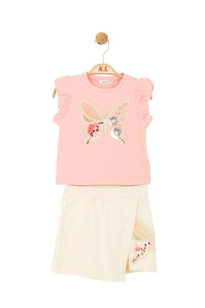 nk kids Nk Kız Çocuk Kelebek Baskılı Takım 4-8 Yaş KREM-PEMBE