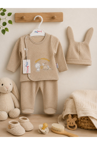 Sevimli Ayıcıklar Desenli Good Morning Üçlü Takım Yenidoğan Bebek Takımı | 0-6 Ay | Pamuklu 6'lı Set