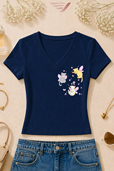 Velostra Women's Cat Fairy Printed Basic Daily Use V-Neck Slim Fit Lycra T-Shirt