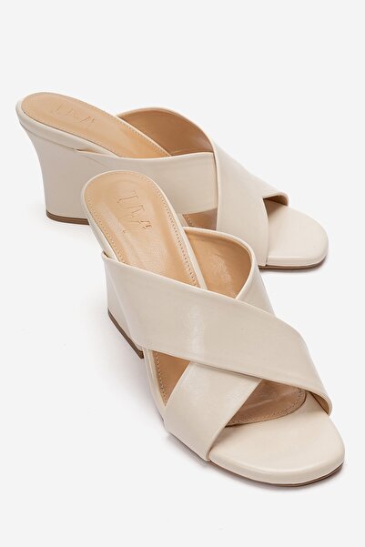 LuviShoes Yavin Beige Cross-Strapped Women's Wedge Heeled Slippers