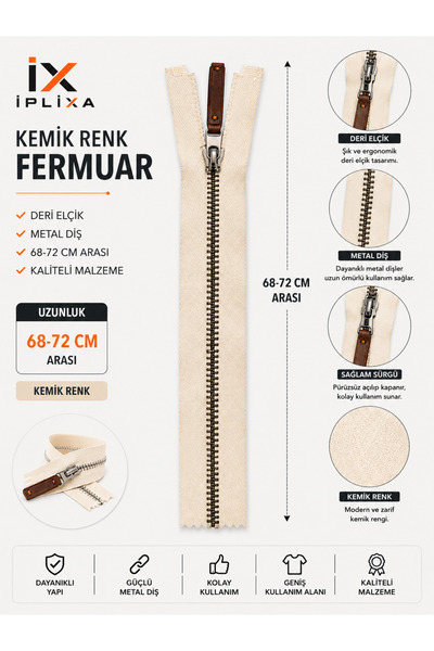 İPLİXA Kemik Renk Metal Diş Fermuar 68-72 CM Deri Elcikli Dayanıklı Çanta Mon...