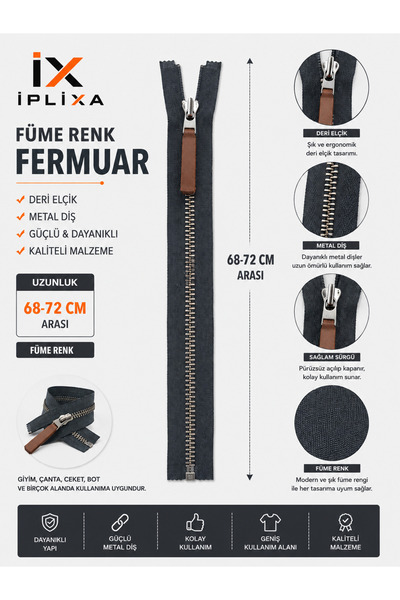 İPLİXA Füme Renk Metal Diş Fermuar 68-72 CM Deri Elcikli Dayanıklı Çanta Mont...