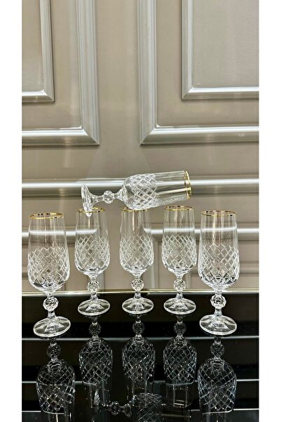 Vakıf home 6 Adet Ayaklı Kristal Kesme El İşi Gold Kahve Yanı Su Bardağı 180 ml