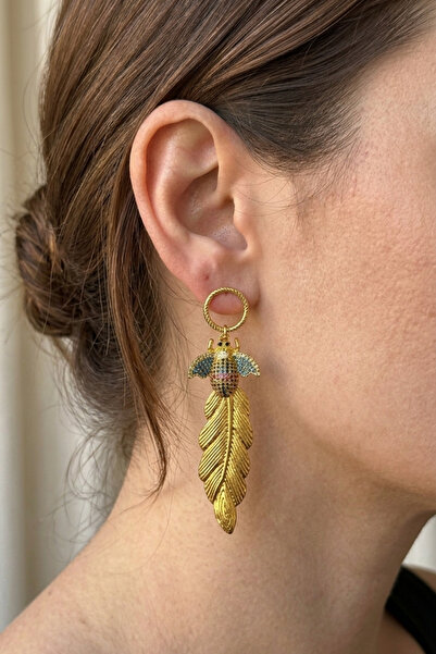 PETEK AKSESUAR Colorful Stone Insect Leaf Hanging Earrings