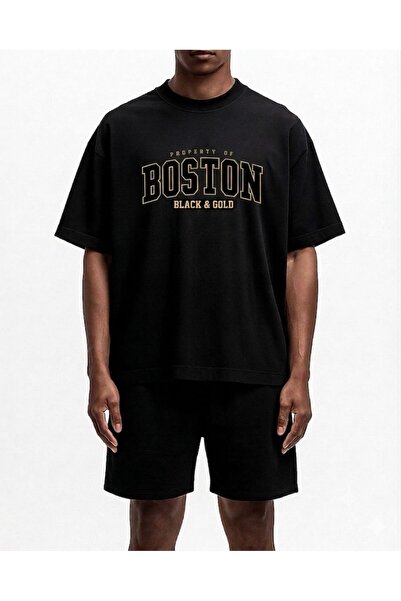 LELVANİ Ανδρικό μπλουζάκι Boston με στάμπα σε μαύρο χρυσό