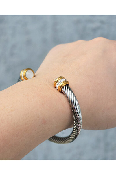 Golden Thread Ατσάλινο Στριφτό Βραχιόλι Cuff με Χρυσές Λεπτομέρειες, Κρύσταλλ...