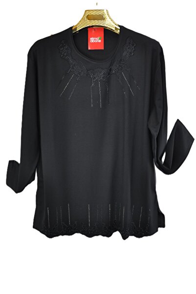 elma abone Plus Size Mother's Embroidered Stone-Decorated Combed Cotton Blouse