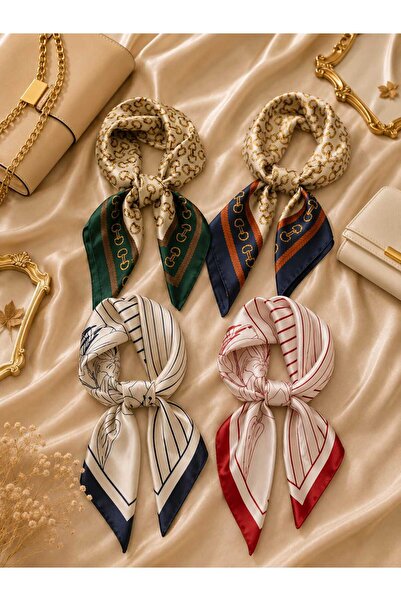 Mavero Women's 4-Piece Satin Scarf Set 50X50 Luxury Chain and Line Patterned ...