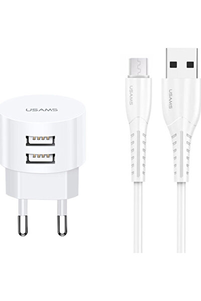Usams Φορτιστής με 2 θύρες USB-A και καλώδιο micro USB Λευκό (T20)