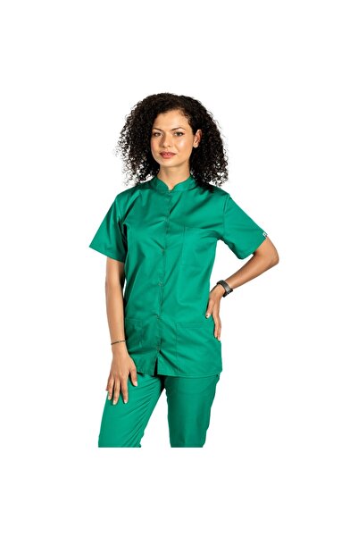 RUNI Women's chef's tunic, green, with short sleeves, simple snap closure